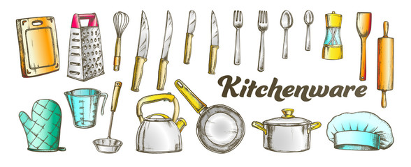 Wall Mural - kitchenware utensils collection color set vector. spoons and forks, chef hat and scapula, rolling pi