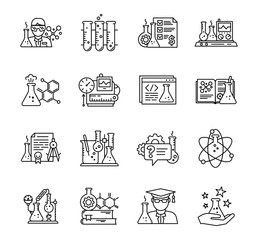 Wall Mural - Chemistry science icon set. Education lab. The production of chemicals kit. Laboratory research experiments equipment. Outline contour black line.