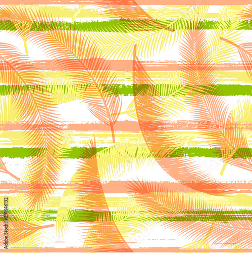 Organic coconut palm leaves tree branches overlapping stripes vector seamless...