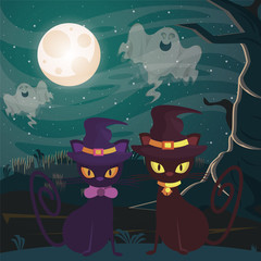 Sticker - halloween dark scene with black cats