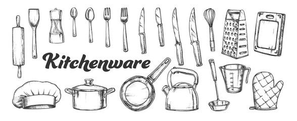 Canvas Print - Kitchenware Utensils Collection Ink Set Vector. Spoons And Forks, Chef Hat And Scapula, Rolling Pin And Teapot Kitchenware. Engraving Template Hand Drawn In Vintage Style Black And White Illustrations