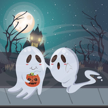 Halloween Dark Scene With Ghosts