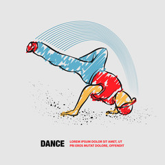 Wall Mural - Breakdance freeze. Vector outline of Breakdancer with scribble doodles.