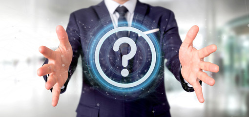 Poster - Man holding a Technology question mark icon on a circle 3d rendering