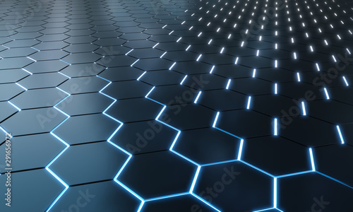 Glowing black and blue hexagons background pattern on silver metal surface 3D...