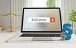 Kollation – Laptop Monitor im Büro mit Begriff im Suchfeld. Paragraf und Waage. Recht, Gesetz, Internet.