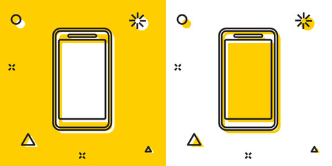 Poster - black smartphone, mobile phone icon isolated on yellow and white background. random dynamic shapes. 