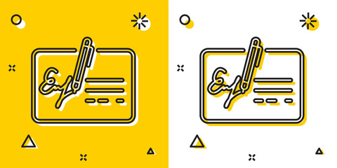 Poster - Black Signed document line icon isolated on yellow and white background. Pen signing a contract with signature. Edit document sign. Random dynamic shapes. Vector Illustration