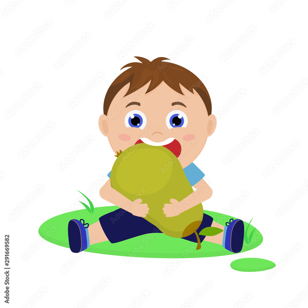 Vetor do Stock Cute boy eating pear. Child with fruit. Vector cartoon  illustration for print, design. | Adobe Stock, image size:1000x1000