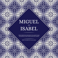 Canvas Print - Traditional mexican wedding invite card template vector. Vintage floral tile pattern with white and navy blue. Majolica background for save the date design or invitation party.