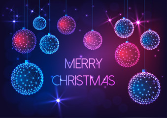 Wall Mural - Merry Christmas greeting card with futuristic glowing low polygonal Christmas balls, stars and text.