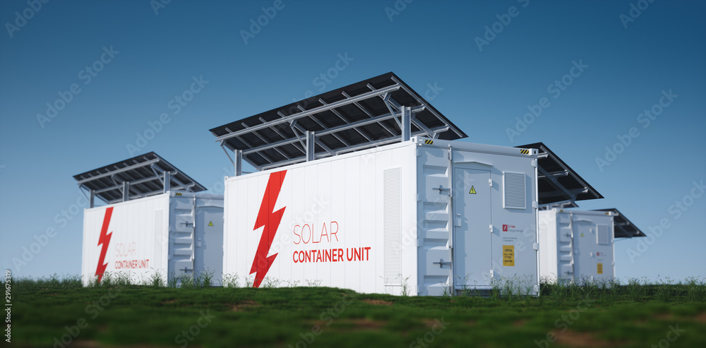 Three solar container units. 3d rendering concept of a white industrial battery energy storage container with mounted black solar panels situated on fresh green grass in late sunny weather.  - obrazy, fototapety, plakaty 