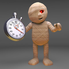 Wall Mural - Halloween 3d cartoon Egyptian mummy monster holding a stopwatch, 3d illustration