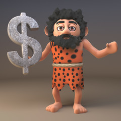 Wall Mural - Cartoon 3d prehistoric caveman character holding a stone US Dollar currency symbol, 3d illustration