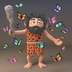 Wall Mural - Cartoon 3d prehistoric caveman character surrounded by butterflies, 3d illustration