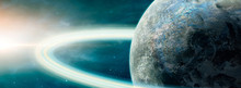 Panoramic Space Scene. Planet With Ring And Nebula.. Elements Furnished By NASA. 3D Rendering