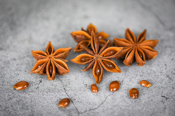 Wall Mural - Star Anise on dark background herbs and spices for cooking food - Fresh anise star seeds