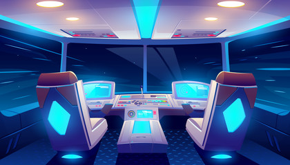 Jet cockpit at night, empty airplane cabin interior with seats for pilots, neon glowing flight deck with navigation monitors, control panel and starry sky view in windows. Cartoon vector illustration