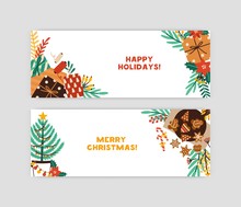 Merry Christmas And Happy Holidays Vector Banner Template. Greeting Card With New Year Tree, Gift Boxes, Gingerbread Cookies And Garland. Xmas Celebration, Winter Postcard With Holly Berries.
