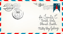 Dear Santa Claus Mail Envelope. Christmas Surprise Letter, Child Postcard With North Pole Postmark Cachet Vector Illustration