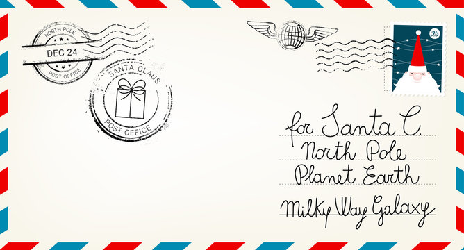 Wall Mural - Dear santa claus mail envelope. Christmas surprise letter, child postcard with north pole postmark cachet vector illustration
