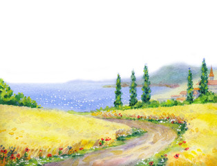 Wall Mural - Watercolor landscape. Road to the sea in a wheat field