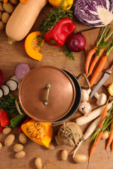 Poster - casserole with raw vegetable- vegetable soup preparation, top view