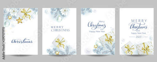 Fotomural 4 template of Christmas cards with white spruce and gift boxes