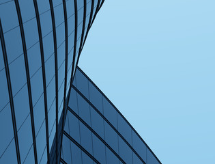 Fototapete - Perspective of high rise building and dark steel window system with clouds reflected on the glass.Business concept of future architecture,lookup to the angle of the building corner. 3d rendering