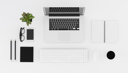 Poster - Top view of workplace with accessories,business text space on table,Notebook,keyboard,cup of black coffee,pencils and computer. 3D rendering.