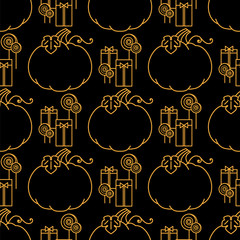 Wall Mural - Halloween seamless pattern. Dark background with holiday symbols. Orange texture on a black background with pumpkin, gifts and candy. Linear repeating wallpaper.