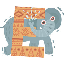 Cartoon Elephant And Letter E. Vector Illustration On A White Background.