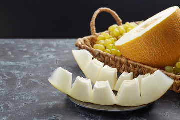 Wall Mural - Two slices of juicy melon on a plate, against a tray of fruit. Food,Fruits or healthcare concept.