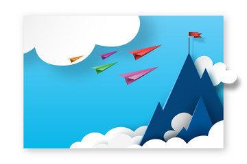 Aufkleber - Paper planes teamwork flying to red flag on the top of mountains.Paper art of business landing page template background.Vector illustration.