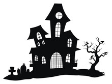 Silhouette Of A Mystical Castle. Vector Illustration Of A Haunted House For Halloween. Tattoo.