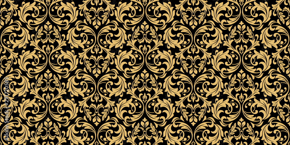 Wallpaper in the style of Baroque. Seamless vector background. Gold and black floral ornament. Graphic pattern for fabric, wallpaper, packaging. Ornate Damask flower ornament - obrazy, fototapety, plakaty 