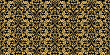 Wallpaper In The Style Of Baroque. Seamless Vector Background. Gold And Black Floral Ornament. Graphic Pattern For Fabric, Wallpaper, Packaging. Ornate Damask Flower Ornament