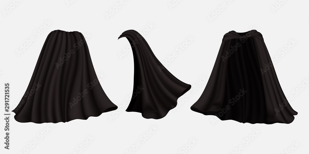 Realistic black cloak set, vector isolated illustration - obrazy, fototapety, plakaty 