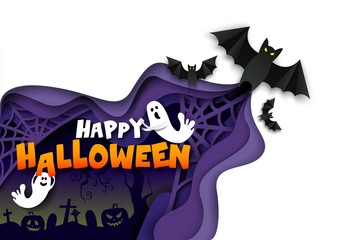 Happy Halloween poster, banner template, vector paper cut illustration