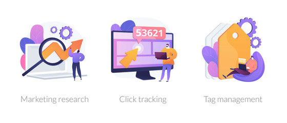 Poster - Online analytics icons set. Social network business development, strategy building. Marketing research, click tracking, tag management metaphors. Vector isolated concept metaphor illustrations.