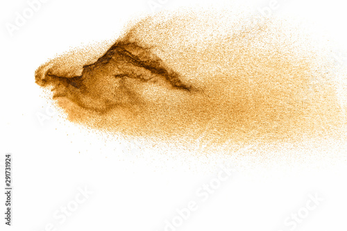 Dry river sand explosion. Brown color sand splash against white background.