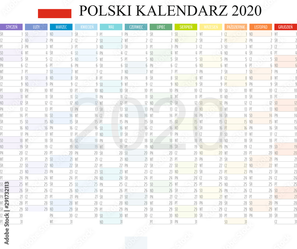 Polish Calendar 2020, Kalendarz polski 2020, monthly planning, color calendar template for year 2020, weeks, months, Polish Language, set of 12 months, printable calendar vector illustration