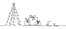 Minimal Happy New Year Banner, Background. One, Continuous Line Drawing New Year Simple Banner With Christmas Tree And Presents. 