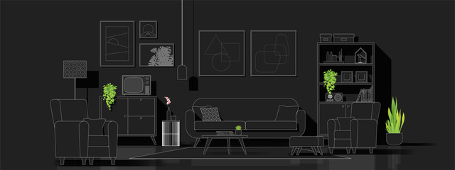 Interior background with modern living room in black and white line sketch style , vector , illustration