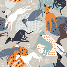 Seamless Pattern With Hand Drawn Greyhounds. Creative Dog Texture In Scandinavian Style. Great For Fabric, Textile Vector Illustration