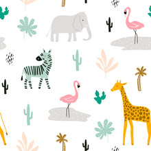 Seamless Childish Pattern With African Animals. Creative Scandinavian Kids Texture For Fabric, Wrapping, Textile, Wallpaper, Apparel. Vector Illustration