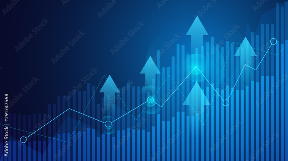 Business candle stick graph chart of stock market investment trading on blue background. Bullish point, Trend of graph. Eps10 Vector illustration. - obrazy, fototapety, plakaty 