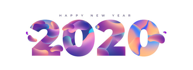 Wall Mural - Happy new year 2020 text lettering. Colorful liquid gradient vector illustration.