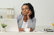 Depressed Black Business Girl Sitting At Laptop In Office
