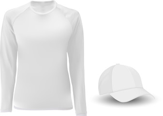 T shirt template. Long sleeve. Baseball hat blank. Soccer undershirt for man or women. Sportswear mock up. Casual tee short front view. Realistic hat apparel for promotion